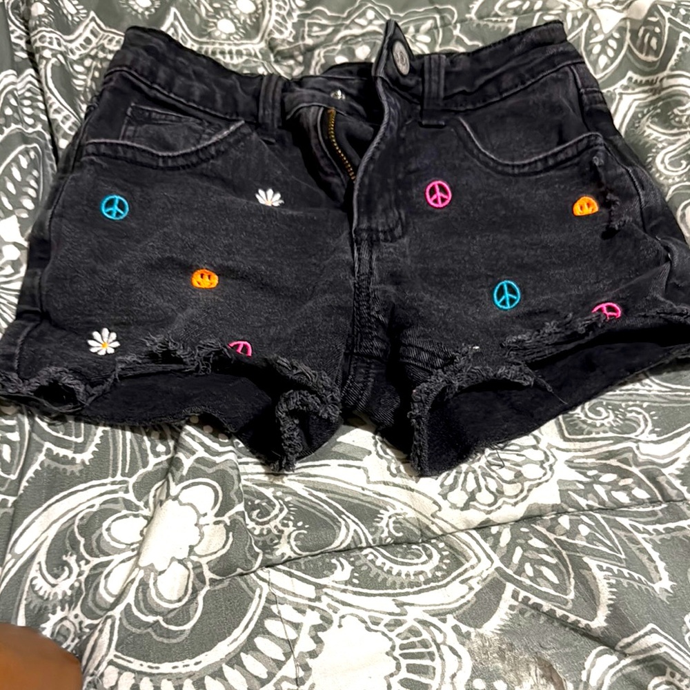 Black Denim Women's Shorts with Colorful Embroidery